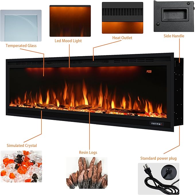 Smart 50 inch WiFi-Enabled Electric Fireplace Inserts, Wall Mount & in Wall recessed Fireplace Heater, w/Realistic Log &Crystals, Adjustable Flame Color, Thermostat and Timer, 750W/1500W, Black