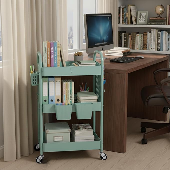 danpinera Rolling Cart, Movable Utility Organizer with Retractable Dividers & Pegboards for Kitchen, Bathroom, Office