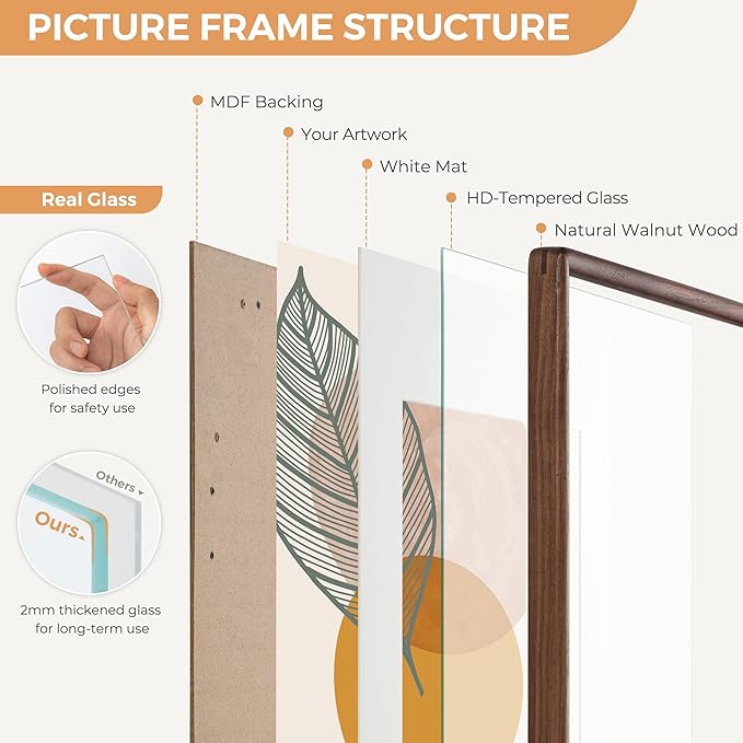 Axeman 18 x 24 Walnut Frame Set of 2 - Rounded Corner 18x24 Picture Frame Matted to 16x20 - Natural Walnut Wood Poster Frame with Tempered Glass for Wall Mount Display
