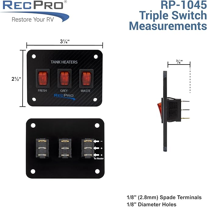 RecPro RV Toggle Switch | Tank System Control Panel | Gang Kit System | Heating Pad Switch | Heater Panel (3 Toggles)