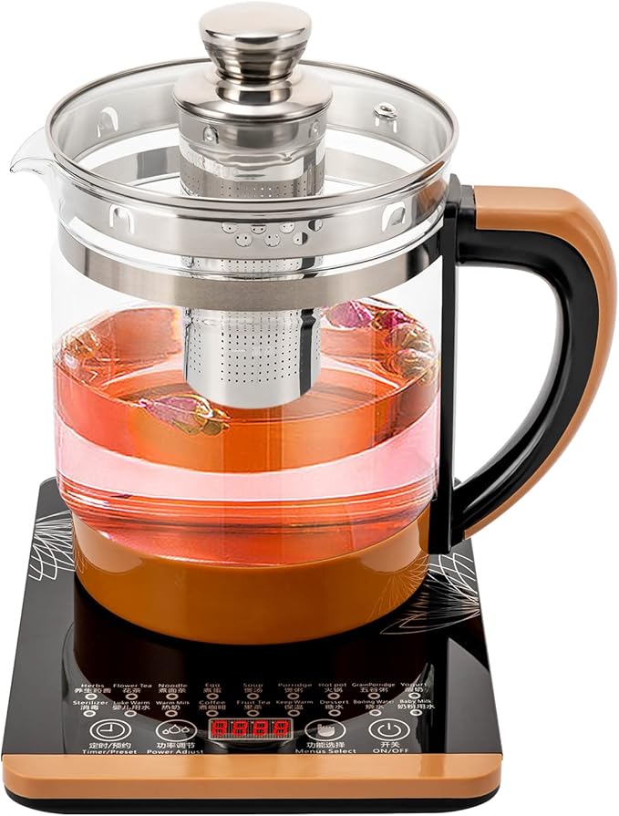 800W Electric Kettle, 1.8L Multifunctional Health Pot Electric Glass Kettle Tea Maker with Tea Infuser & & Steamed Eggs Holder, 18 Menus, Keep Warm Function, Rapid Boil