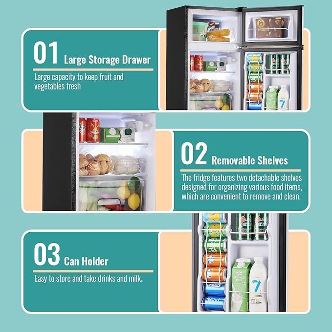 WANAI 3.5 Cu.Ft Mini Fridge with Freezer, Compact Refrigerator for Office, Dorm, Apartment, 7-Level Adjustable Thermostat, 2 Removable Shelves and Bakset, Small Fridge in Black