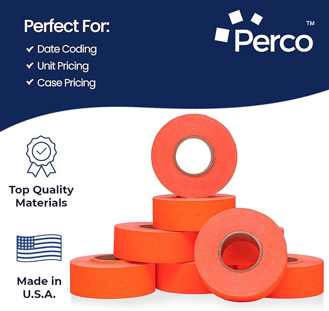Perco 1 Line Fluorescent Red Labels - 32 Rolls, 4 Sleeves, 32,000 Blank Price and Date Gun Labels for Perco 1 Line Price and Date Guns - Made in USA