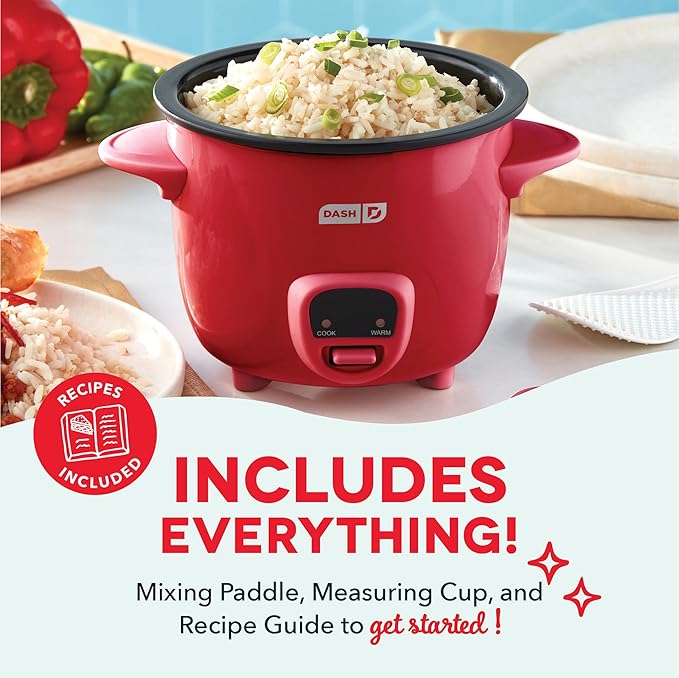 Dash Mini Rice Cooker - Designed for Single-Serve Cooking - Compact Rice Cooker with Nonstick Removable Pot, Keep Warm Function & Easy-to-Clean Sleek Design - Red