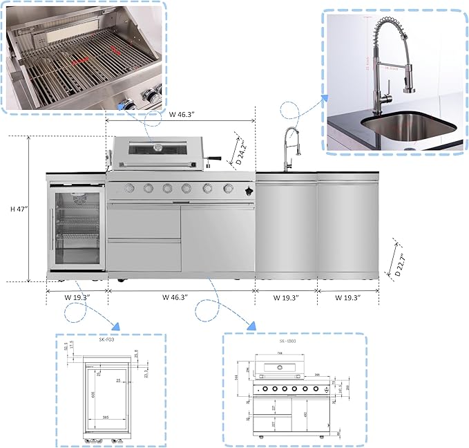 104 Inches 4-Burner 85,000 BTU Deluxe Stainless Steel Propane Gas Grill Outdoor Kitchen Island,Sink,Storage Cabinet and Beverage Refrigerator Storage&Drawers for Patio Backyard Cooking,Silver