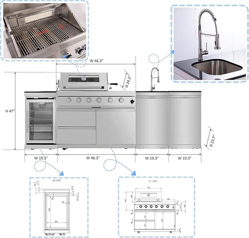 104 Inches 4-Burner 85,000 BTU Deluxe Stainless Steel Propane Gas Grill Outdoor Kitchen Island,Sink,Storage Cabinet and Beverage Refrigerator Storage&Drawers for Patio Backyard Cooking,Silver