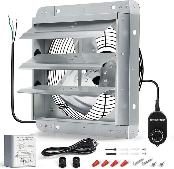 12 Inch Shutter Exhaust Fan, Wall Mount Attic Fan with Thermostat and Speed Controller for Greenhouses, Sheds, Garages, Chicken Coops, Barns Ventilation, 970 CFM