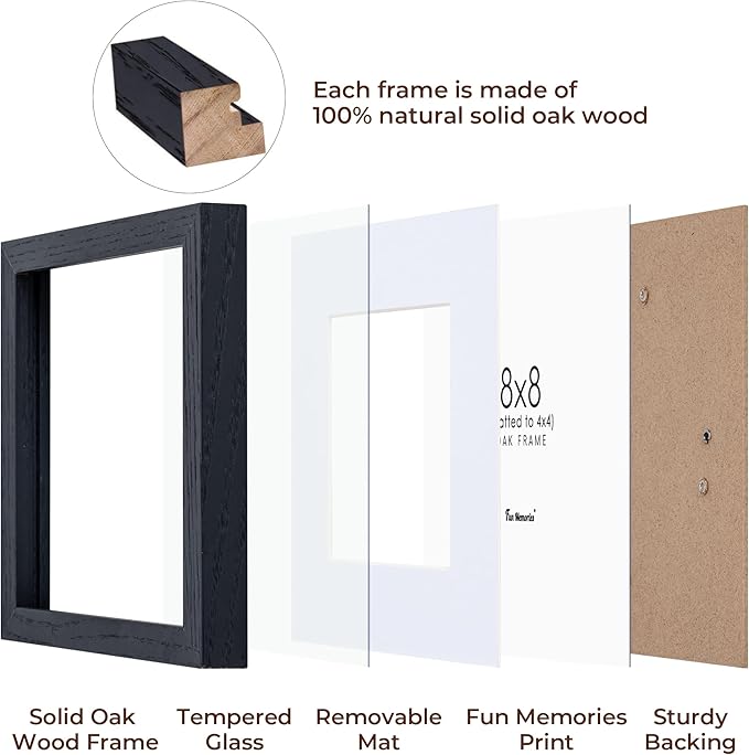 Rustic Oak 8x8 Picture Frame, Solid Oak Wood, 8"x8" Square Photo Frame with Tempered Glass, Matted to 4"x4", Black, Set of 2