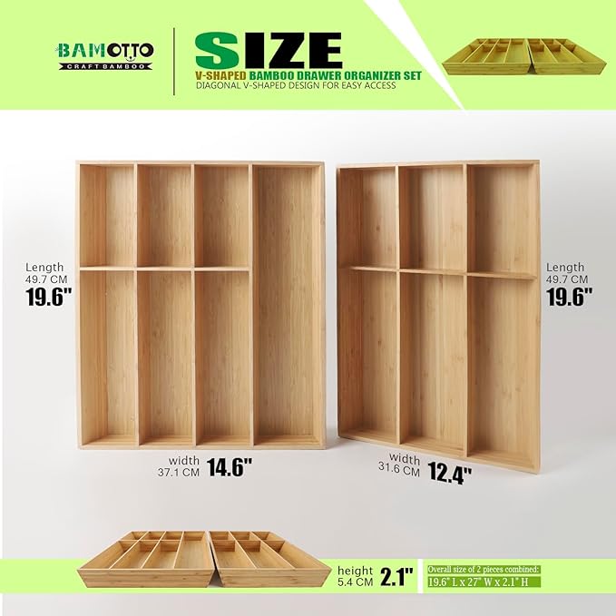 13 Slot V-Shaped Bamboo Drawer Organizer Set of 2, Extra Large Cutlery Tray - Easy Reach Flatware Silverware Utensil Storage for Kitchen (19.6"x14.6" & 19.6"x12.4")
