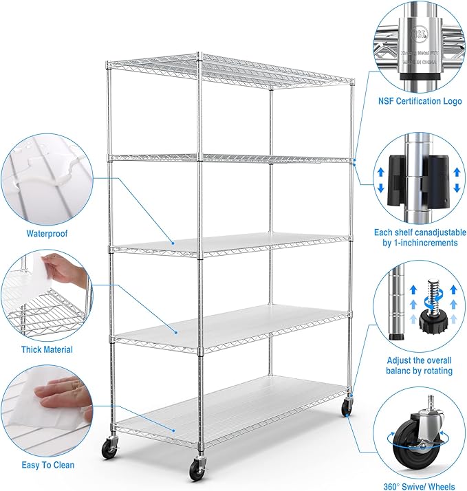 5 Tier 7500lbs Capacity NSF Metal Shelf Wire Shelving Unit, Heavy Duty Adjustable Storage Rack with Wheels & Shelf Liners for Commercial Grade Utility Steel Storage Rack, Chrome - 82"H x 60"L x 24"D