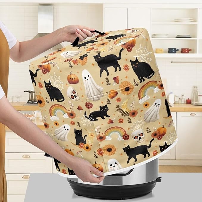 Halloween Theme Kitchen Appliance Protector Cover Bag 3 Quart Pressure Cooker/Air Fryer/Rice Cooker Dust Cover with Top Handle and Storage Pocket Black Cat Ghost Print
