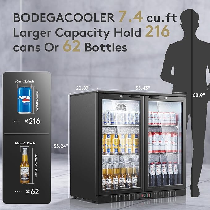 BODEGA BODEGACOOLER Commercial Bar Refrigerator with 2 Glass Door,7.4 Cu.Ft Beverage Refrigerator Cooler,Large Display Bar Cooler Fridge,Adjustable Shelves,Hold Beer,Soda Drinks,Wine