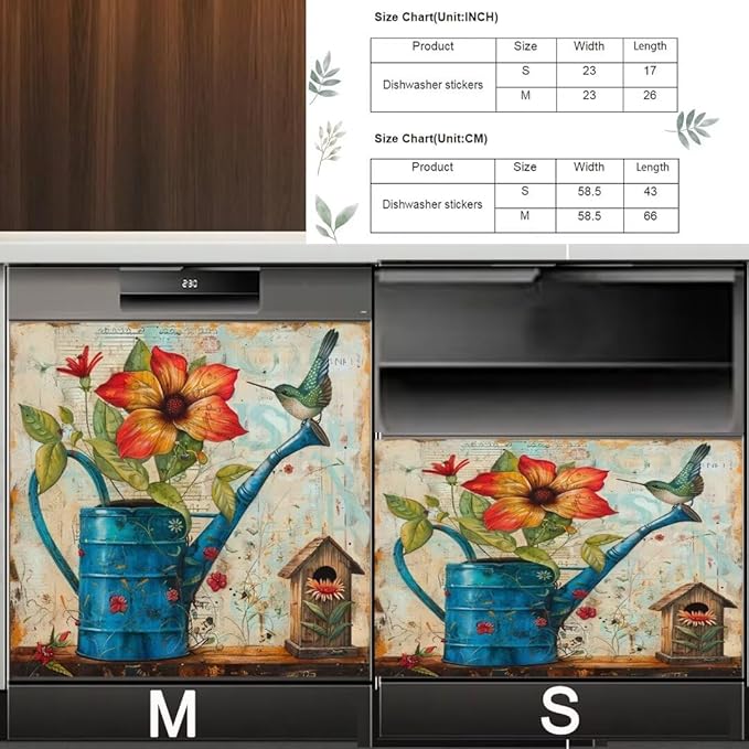 Farm Floral Watering Can Dishwasher Magnet Cover,23" x 26" Dishwasher Cover,Retro Countryside Bird House Magnetic Decal Vinyl Sticker Kitchen Decor Refrigerator Magnets Self Adhesive Wrap