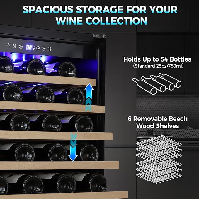 24 Inch Wine Fridge, 54 Bottle Wine Cooler Refrigerator with Stainless Steel Glass Door, LED Display, Upgraded Compressor, Built-In or Freestanding for Home Bar Kitchen