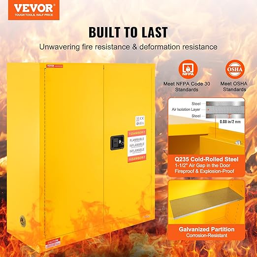 VEVOR Flammable Cabinet 18" x 43" x 50", Cold-Rolled Steel Flammable Liquid Storage Cabinet 34 Gal with 2 Adjustable Shelves/2 Manual Closing Doors for Industrial Use, Yellow