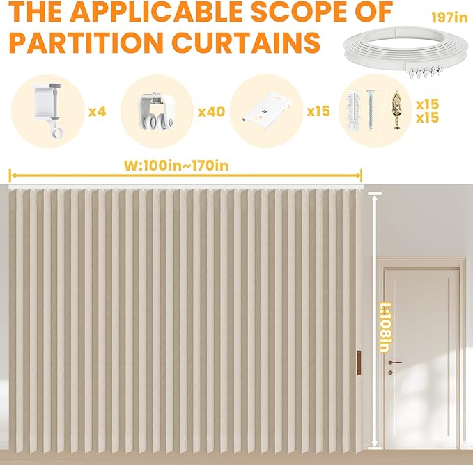100% Blackout Room Divider Curtains Ceiling Curtain Track Sets Flexible Track Curtain Extra Wide (Beige, W180 x L108, 1 Pack)