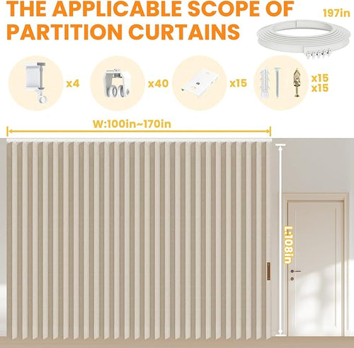 100% Blackout Room Divider Curtains Ceiling Curtain Track Sets Flexible Track Curtain Extra Wide (Beige, W180 x L108, 1 Pack)