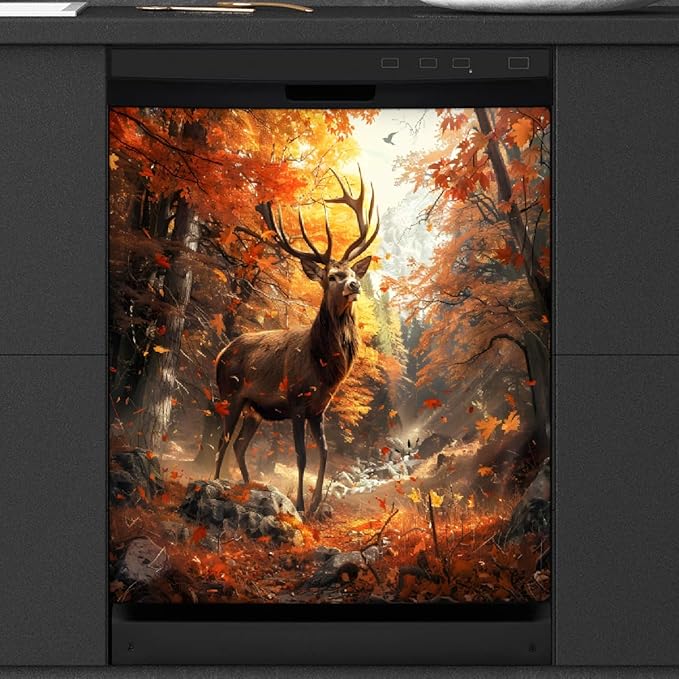 Dishwasher Magnet Cover Front Dishwasher Cover Decoration Reusable Magnetic Door Cover Panel Decal Home Appliances Stickers Kitchen Refrigerator Fridge Autumn Forest Deer 23"x26"