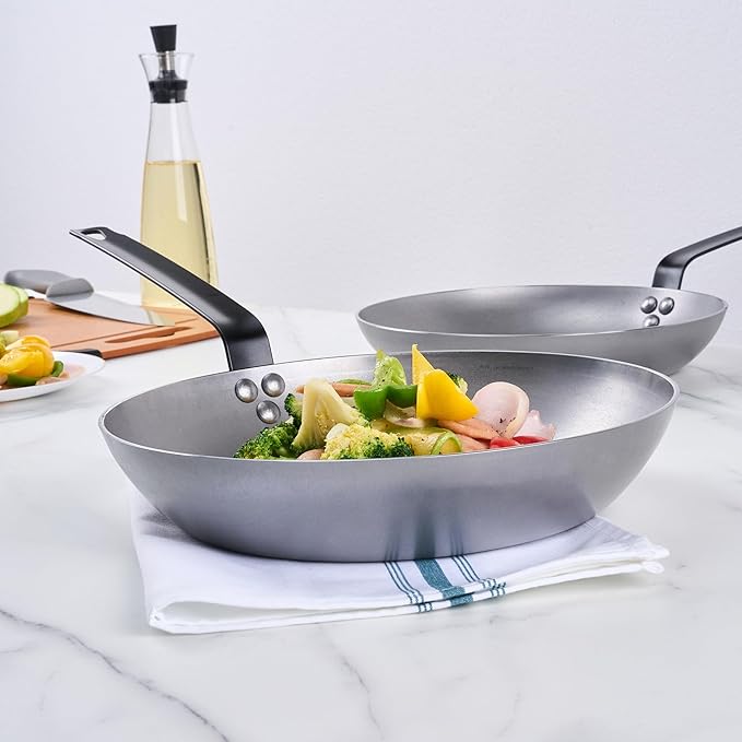 Restaurantware Met Lux 12 Inch Fry Pans, 6 No-Stick Frying Pans - Induction-Ready, Triple-Riveted, Silver Carbon Steel Cooking Skillets, Durable, For Searing, Sauteing, And Browning Food