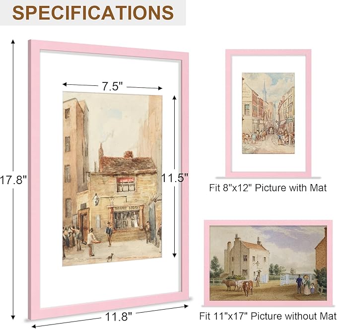 Vittanly 11x17 Picture Frame, Solid Wood Frame with Plexiglass, Includes 8x12 Mat, Wall Hanging for Photos, Home Decor, Pale Pink, 1 Pack