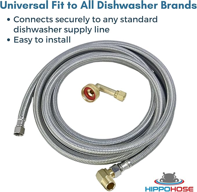 Dishwasher Water Hose Kit (10 FT) - Universal Fit to All Dishwasher Brands - Braided SS Dishwasher Water Supply Line - 3/8" Comp x 3/8" Elbow & All Fittings Included
