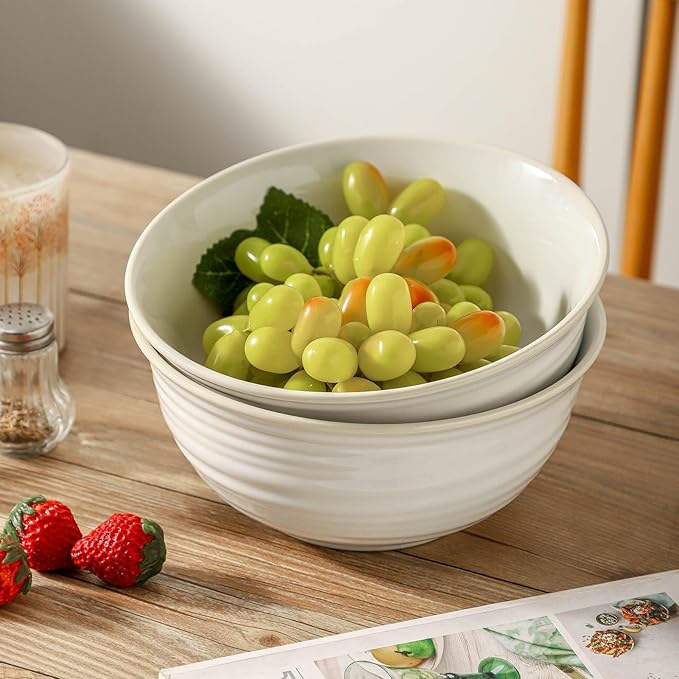 Serving Bowls Set of 2, 60 Ounce Ceramic Large Bowls, Deep Kitchen Bowls for Salad Soup Ramen Pasta Cereal Fruit, Microwave Oven Dishwasher Safe, Ideal for Home Dining & Gifting, Arctic white