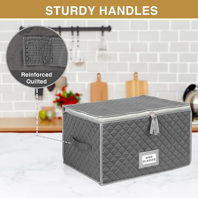 Stack Store Plus More Stemware Storage Case - Holds 12 Wine Glasses or Crystal Glassware with Label Holders and Fully Padded Inside - 16" x 13" x 10"H - Gray - Hard Sides and Stackable