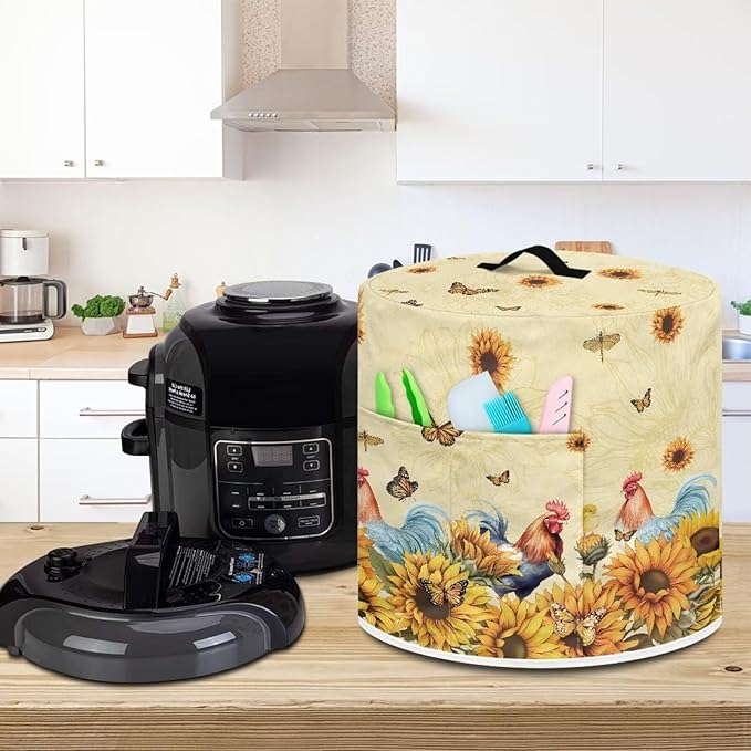 Flashideas Sunflower Chicken Pressure Cooker Cover for Women Insulated Rice Cooker Cover with Easy to Clean Lining Stain Resistant Dust Cover with Pockets for Instant Pot 6 Quart Appliance Cover