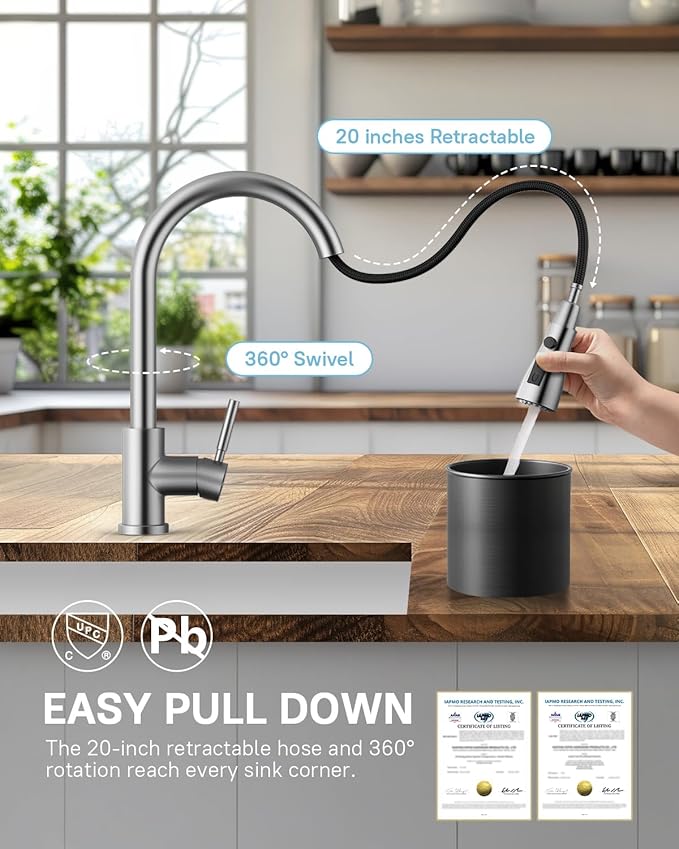 WEWE Kitchen Faucets with Pull Down Sprayer, Leak-Proof Stainless Steel Lead-Free Single Handle 1 Hole for Family Kitchen Commercial Camper Laundry Rv Bar, Brushed Nickel Bar Sink Faucet