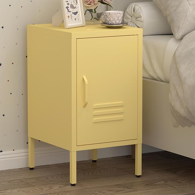 Locker Nightstand,Metal Nightstand with Door, Modern End Side Table with Shelf,Steel Bedside Storage Cabinet for Living Room,Bedroom,Office,Yellow