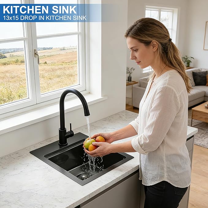 Scamall 13x15x9 Drop In Kitchen Sink Workstation, Nano Black 304 Stainless Steel Deep Single Bowl with Quick Drainage & Tarnish-Free Surface for Bar, Laundry, RV, Includes Accessories
