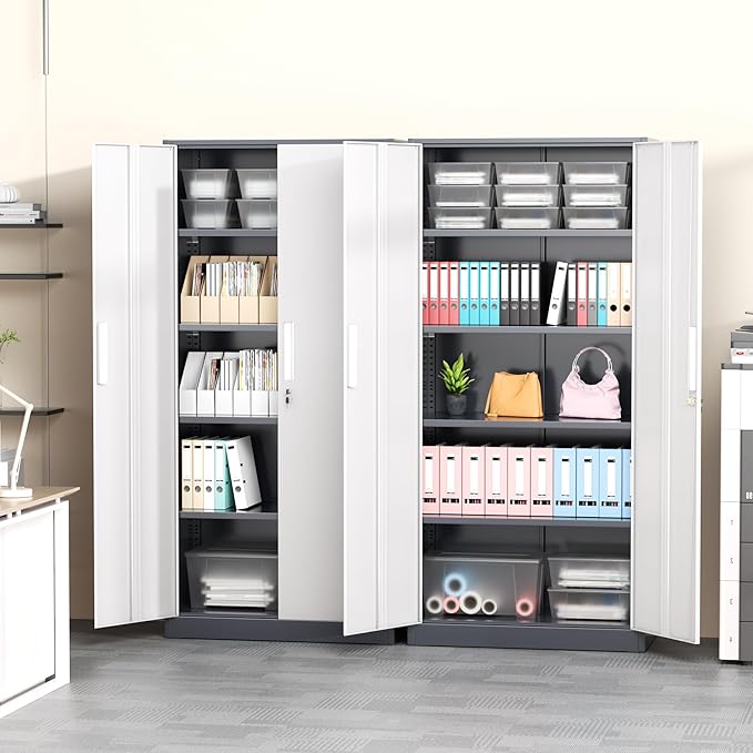 Greenvelly Metal Garage Storage Cabinet, Tall Steel Storage Cabinets with 2 Doors and 4 Adjustable Shelves, Metal Tool Cabinets, Locking File Cabinet for Home Office, Garage, School (Gray White)
