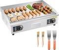 VEVOR Commercial Electric Griddle, 25.79 x 15.75 inch, 2800W, 122-570°F Adjustable Temp Control, Stainless Steel Body, Full Flat, with 2 Spatulas, 2 Brushes, and 4 Foot Pads, for Steak, Pancake
