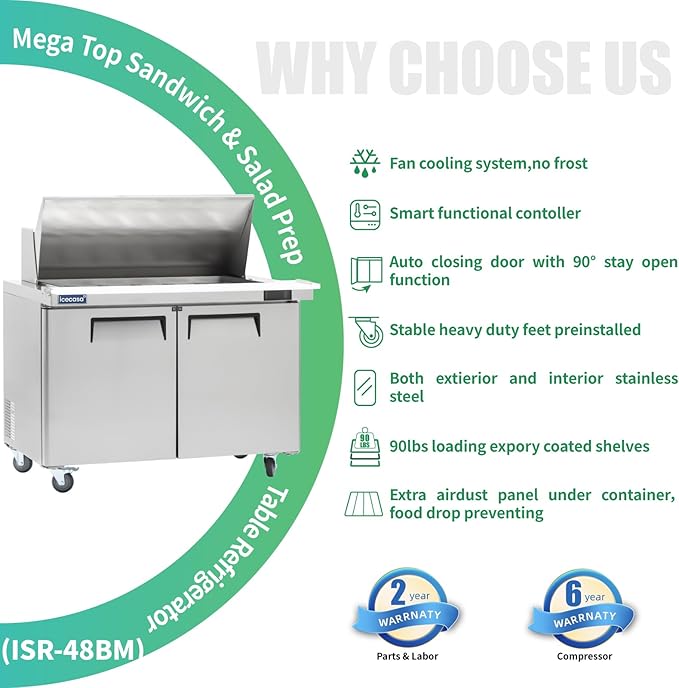 ICECASA 48" W Commercial Refrigerator Sandwich&Salad Prep Table Mega Top single Door Stainless Steel Counter Fan Cooling Refrigerator with 18 pans-48 Inches for Restaurant, Bar, Shop, etc