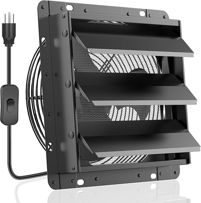 HG Power 12 Inch Shutter Exhaust Fan, 764CFM High-Speed, 1400RPM Wall-Mounted Ventilation Fan for Shed, Garage, Greenhouse - with, ON/OFF Switch & 8FT Power Cord, Black