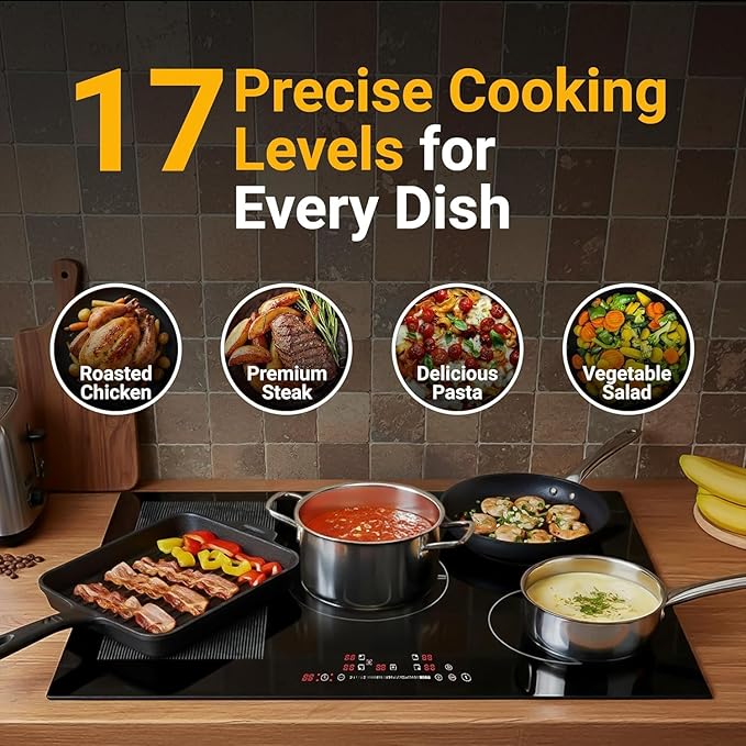 K&H 5 Burner Induction Cooktop - 31.5 Inch Built-In Electric Cermic Stove Top - 17 Heating Levels, 240V, 9200W High-Power Built-in Electric Stove Top - Child Lock, Timer & Touch Control - IN30-9200FLX