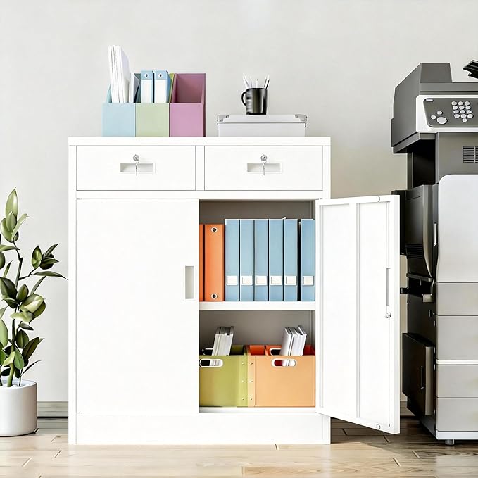 BESFUR Metal Storage Cabinet, Locking Storage Cabinet with Doors and Shelves, White Metal Cabinets with Drawers for Office, Home, Garage
