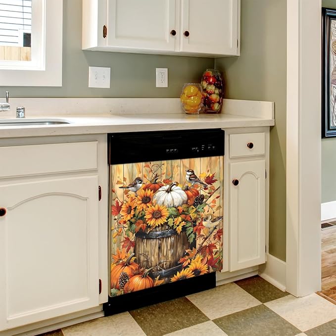 Dishwasher Magnet Cover Front Dishwasher Cover Decoration Reusable Magnetic Door Cover Panel Decal Home Appliances Stickers Kitchen Refrigerator Fridge Retro Wooden Fall Bird 23"x26"