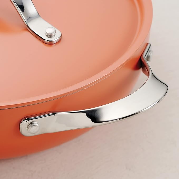 Tramontina All-in-One Plus Pan Set, 5-Quart Ceramic Non Stick Cooking Pan with Lid, Steamer Insert, Bamboo Utensil and Trivet, Orange