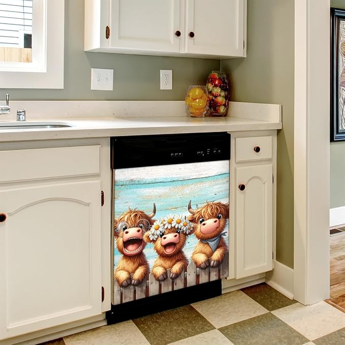 Cute Animal Highland Cow Dishwasher Magnet Cover Magnetic Dishwasher Decorative Cover Front Dishwasher Door Cover Reuseable Dishwasher Cover Panel for Kitchen Refrigerator Home Appliances 23" X 26"