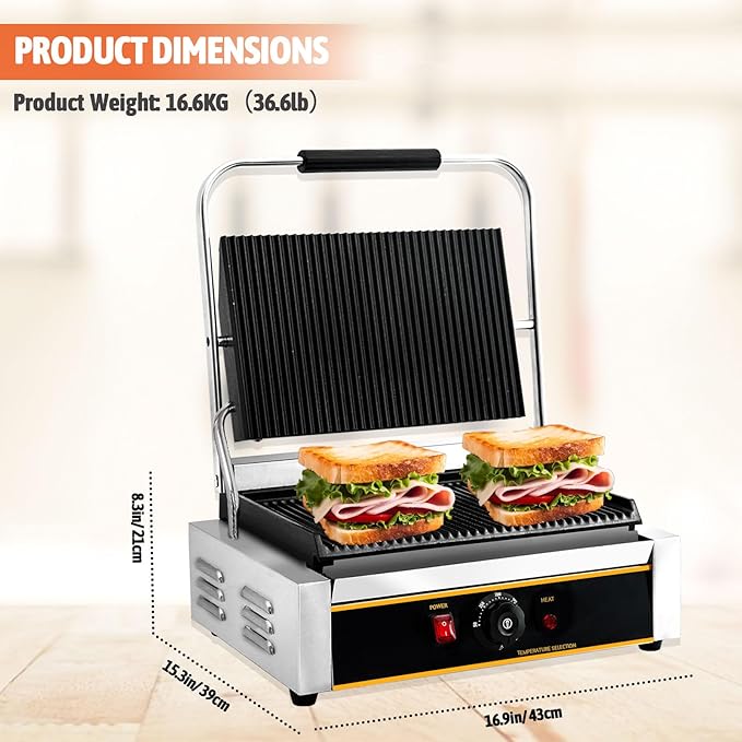 Commercial Panini Press Grill 2200W Countertop Electric Sandwich Maker with Adjustable Temp Control, Nonstick Coating, Grooved Plates Grill, for Burgers Steaks Panini