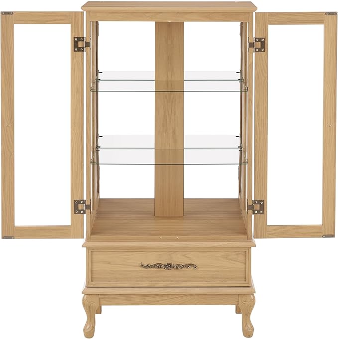 51" H Lighted Curio Cabinet Display Case, Glass Curio Cabinet with Adjustable Shelves,Tempered Glass Door and Drawer, Wooden Cabinets w/Mirrored Back Pane for Living Room (Light Oak)
