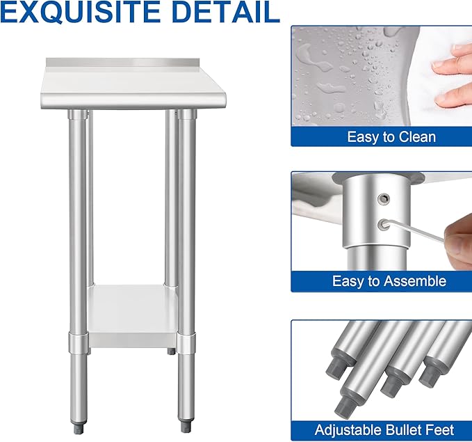HARDURA Stainless Steel Commercial Work Table Prep Work Metal Table 24×15 Inches with Undershelf and 2" Backsplash Heavy Duty NSF 430 for Kitchen Food Prep