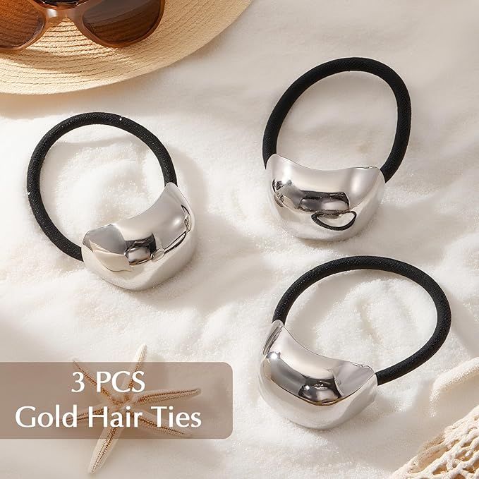 3PCS Silver Hair Ties, Silver Hair Accessories for Women, Metal Hair Ties for Thick Hair Elegant Durable Geometric Design, Stretchy and Non-Damage Hair Cuff Ponytail Holders