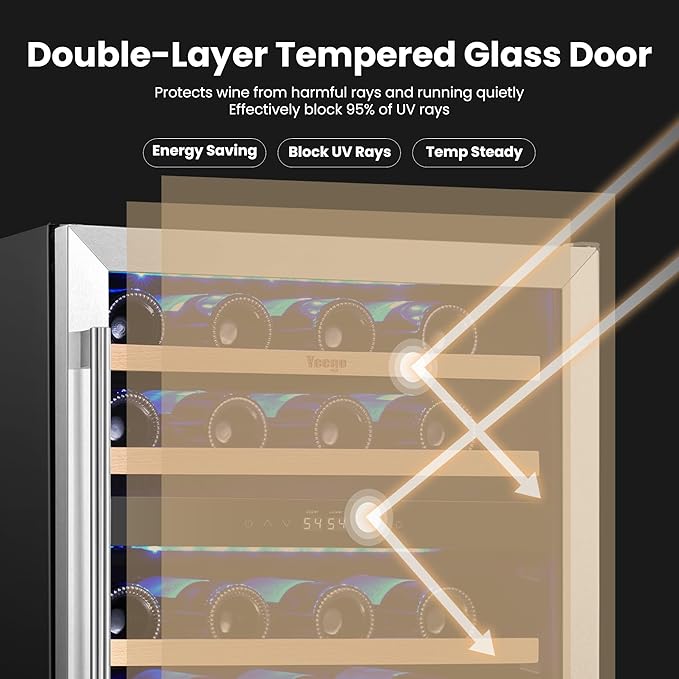 Yeego Wine Fridge Cooler - 24 Inch Dual Zone Wine Fridge Hold 52 Bottles, 40-65°F Wine Refrigerator Glass Door, Built in Fridge, Freestanding Adjustable Shelves Fridge for Beer Soda Drink Home Bar