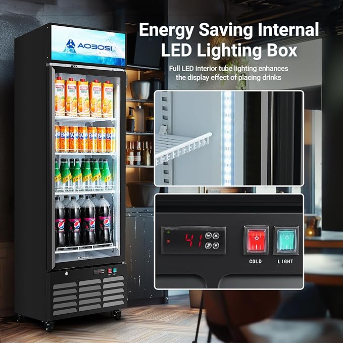 AAOBOSI Commercial Merchandiser Refrigerator,12.29 Cu.Ft Glass Door Display Refrigerator,Upright Beverage Fridge with Soft LED Light,Customizable Lightbox,Universal Casters, Adjustable Shelves