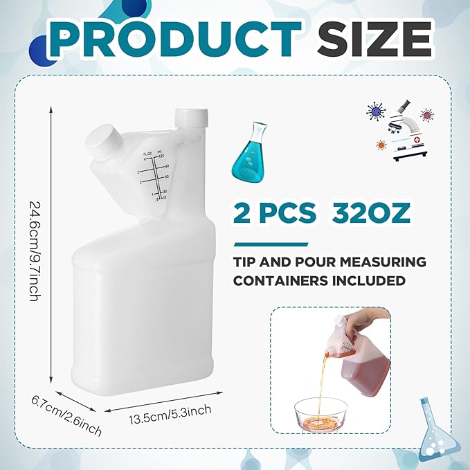 2 Pcs 32oz Tip Measure Containers Tip and Pour Measuring Containers HDPE Chemical Measuring Cups with Lids Plastic Bottle, up to 4oz Capacity (32oz)