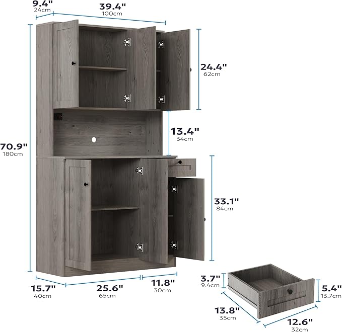 71" Pantry Cabinet with Charging Station, Tall Kitchen Pantry Storage Cabinet with Microwave Stand, Farmhouse Kitchen Hutch with Storage Drawer for Living Room, Dining Room, Ash Grey