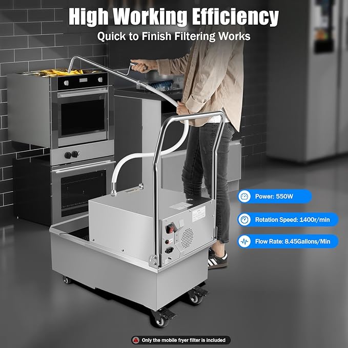 Fryer Filter Machine, 55L/14.5 Gal Mobile Frying Filter Cart Separator, 550W 110V Stainless Steel Commercial Oil Filler Truck, Cooking Oil Filtration System for Supermarket Restaurant Burger Stores