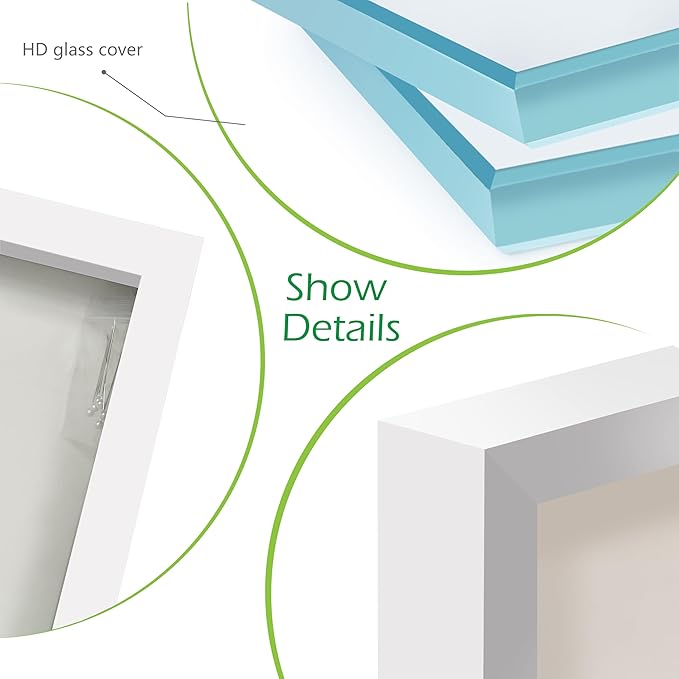 FrameWorks 11” x 14” White Wooden Shadow Box Frame – Display Case with Soft Felt Back, Memory Box with Tempered Glass, Display Box with Elegant White Ball Push Pins, Wooden Flower Box